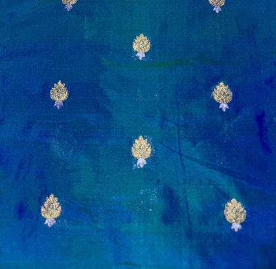 100% PURE Silk Brocade fabric 44" wide BLUE X GREEN [KINGFISHER BLUE]2 tone with small metallic gold ,silver motifs BRO914[6]