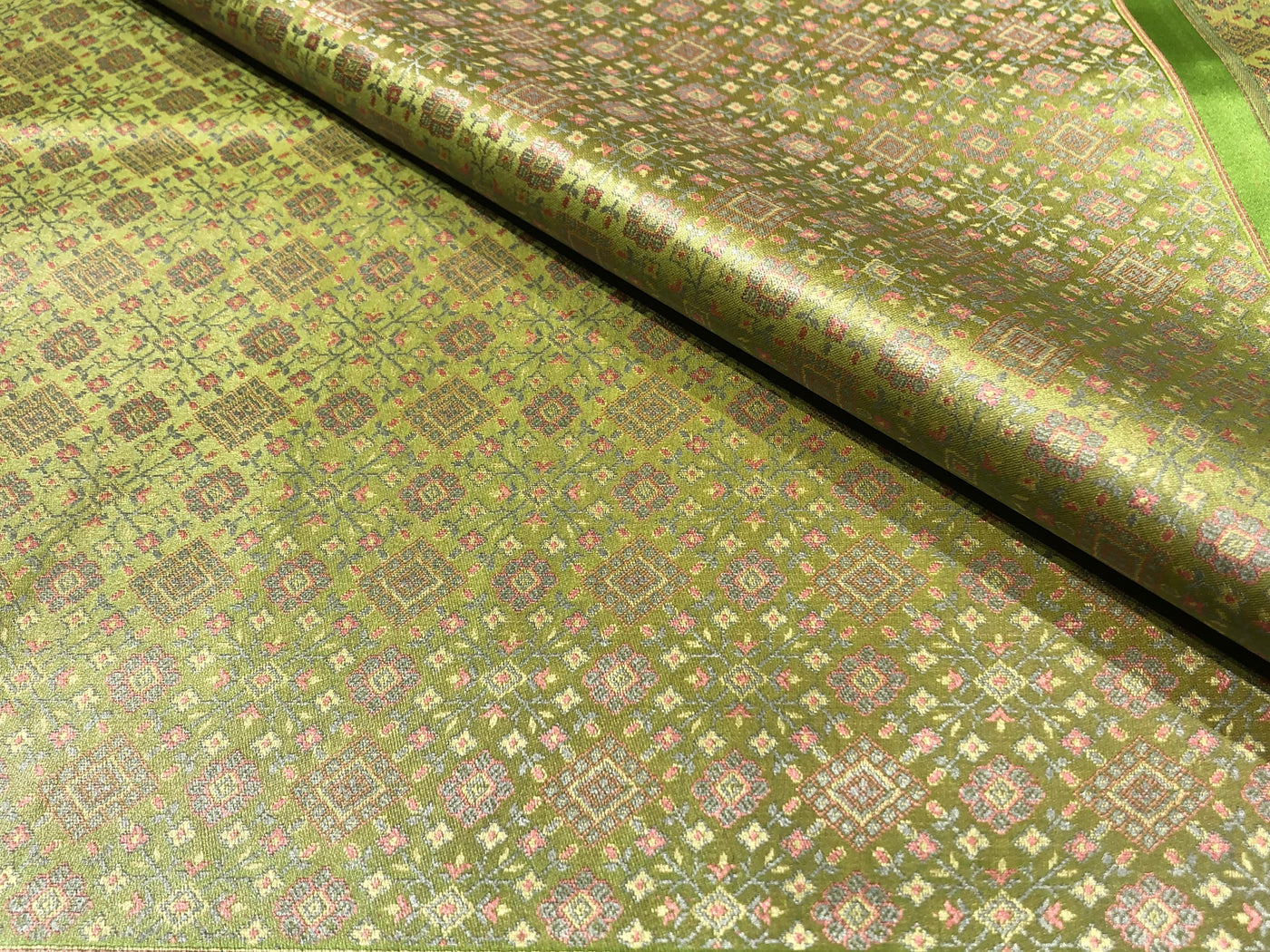 Silk Brocade fabric pastel green with pink and blue geometric diamond shape  jacquard BRO1024[3]