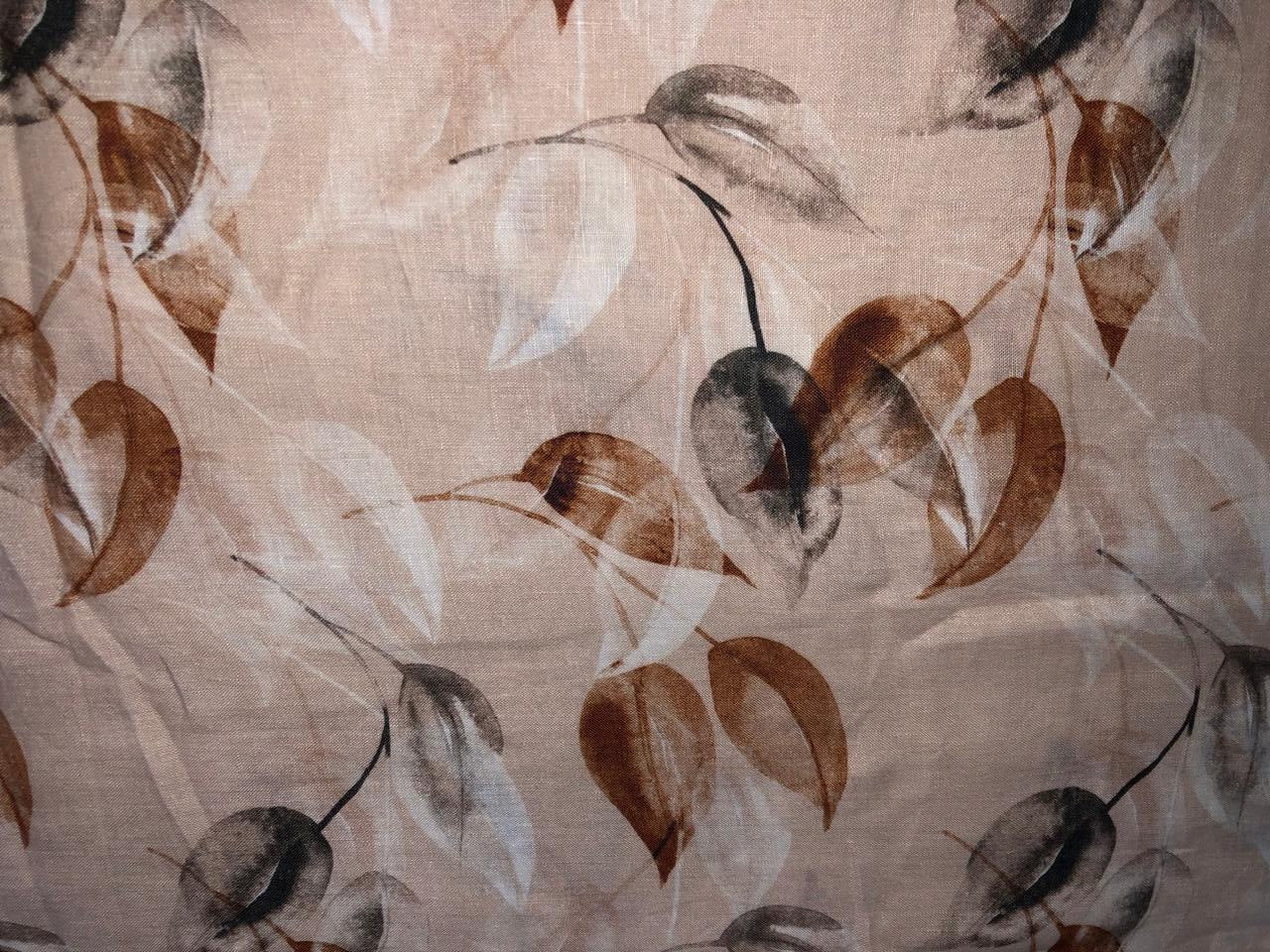 100% linen  digital print fabric 58" wide SAND BEIGE WITH BARK BROWN AND BROWN COLOR LEAVES [16111]