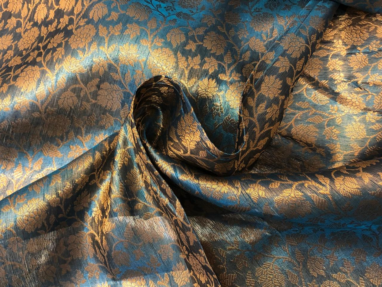 Silk Brocade fabric 44" teal blue floral jacquard BRO1068[3]