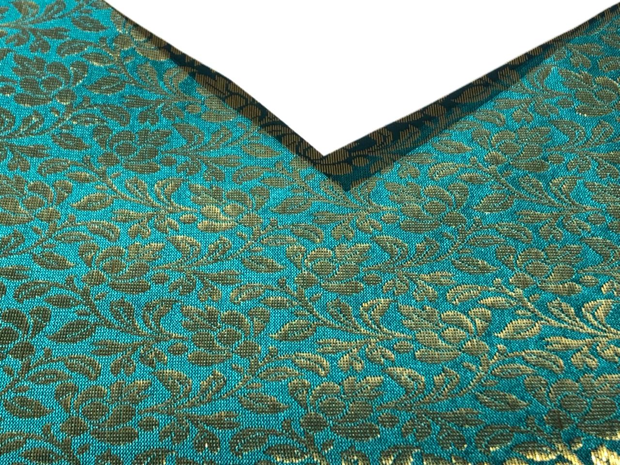 Brocade Fabric TEAL FLORAL VINE  Jacquard x metallic gold  Color 44" wide BRO976[4]