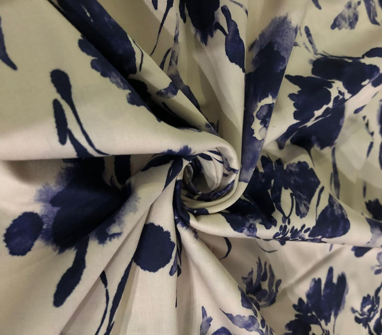 100% COTTON SATIN ivory with ink blue flowers [17223]
