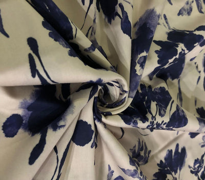 100% COTTON SATIN ivory with ink blue flowers [17223]
