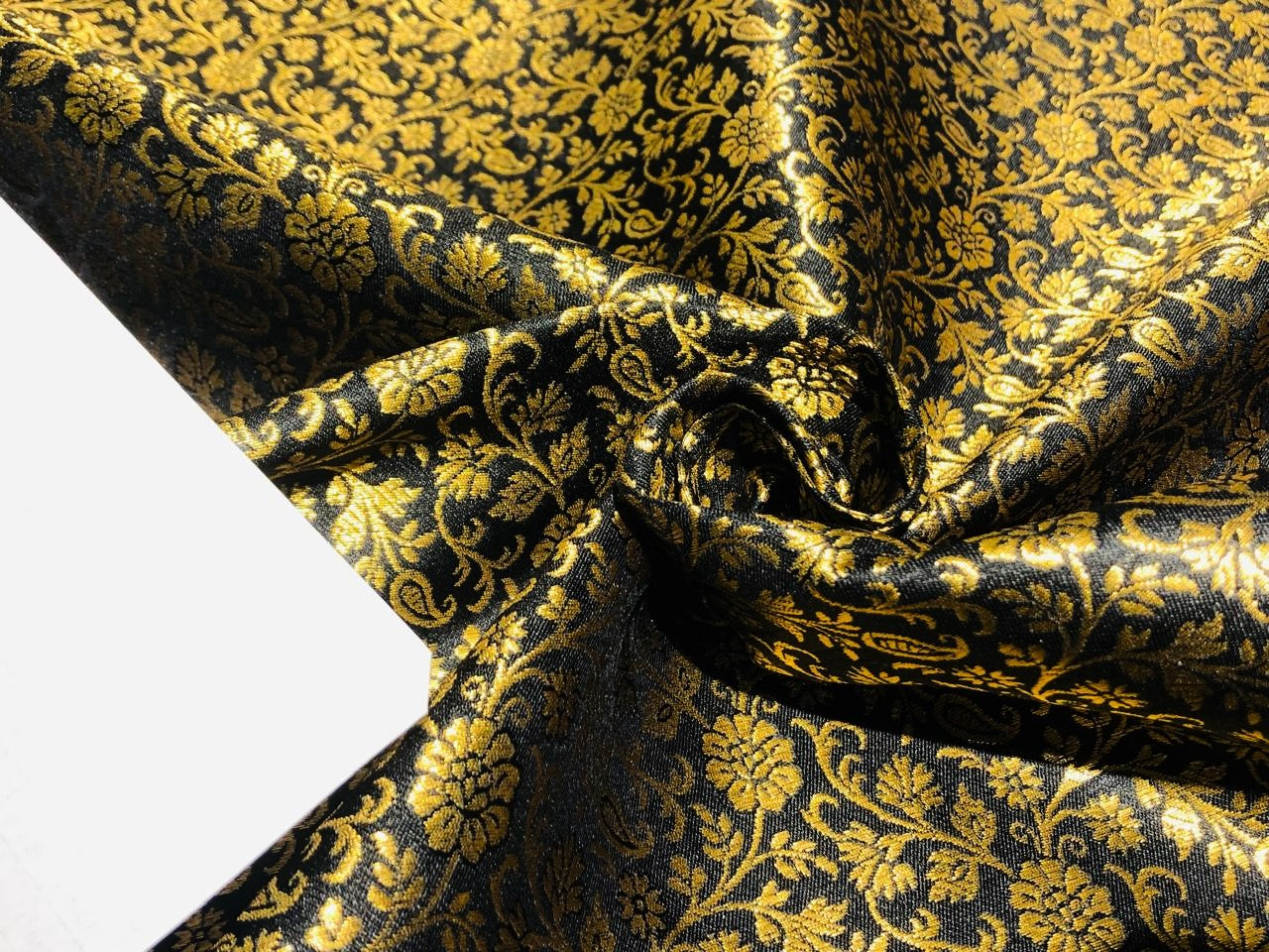 Silk Brocade fabric 44" wide BLACK with all over floral gold Jacquard BRO946A[3]