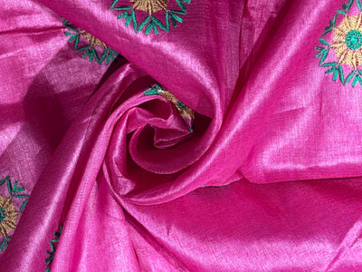 Tussar Silk 70 gms per meter Fabric pink with embroidered floral motif 42" Wide [17769]