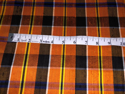 100% silk dupion  Plaids fabric with slubs shades of burnt orange ,navy, black and yellow 54" wide DUPNEWC29[3]