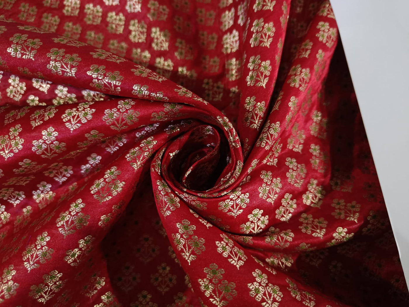 Silk Brocade fabric Red with metallic gold and green motif Jacquard color 44" wide BRO895[2]