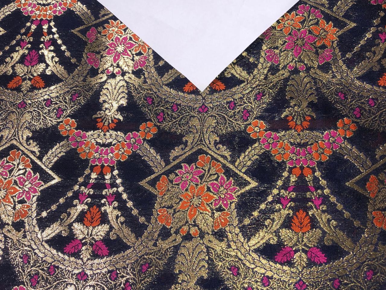 Silk Brocade Fabric navy with pink and orange flowers x metallic gold  jacquard 44" wide  BRO986[5]