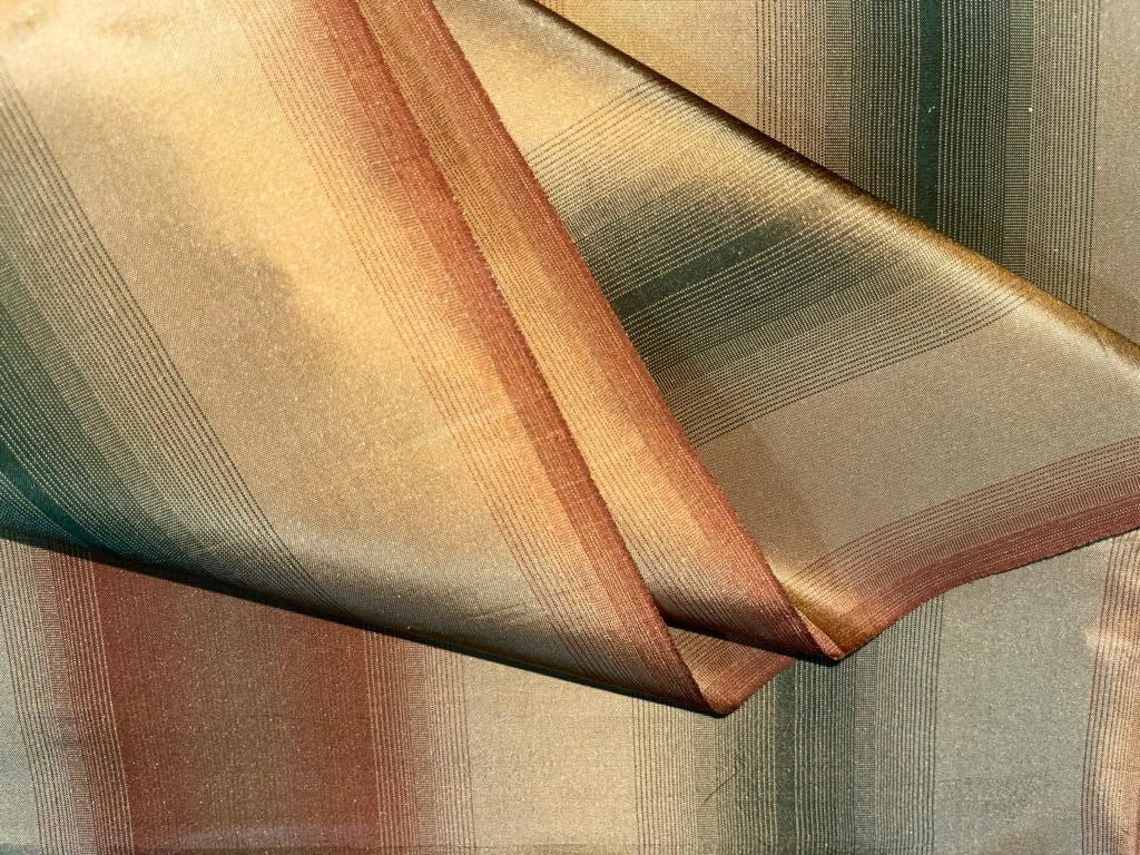 100% Silk Taffeta Fabric Brown,Green &  Gold stripes 54" wide TAFS#20
