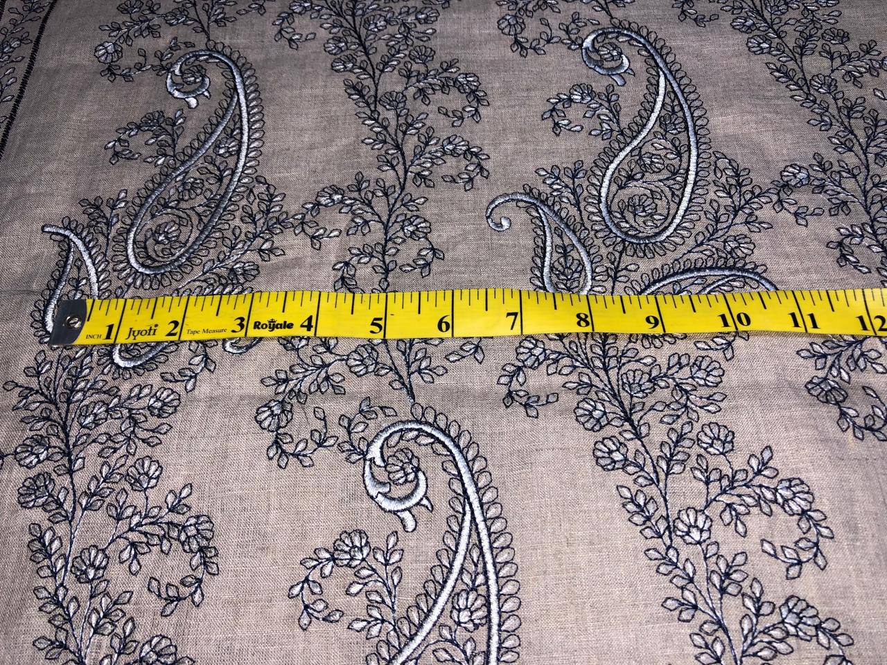 100% Linen  Kashmiri Embroidery available in 3 colors ivory with pink paisleys ,camel with navy paisley and ivory with beige paisley