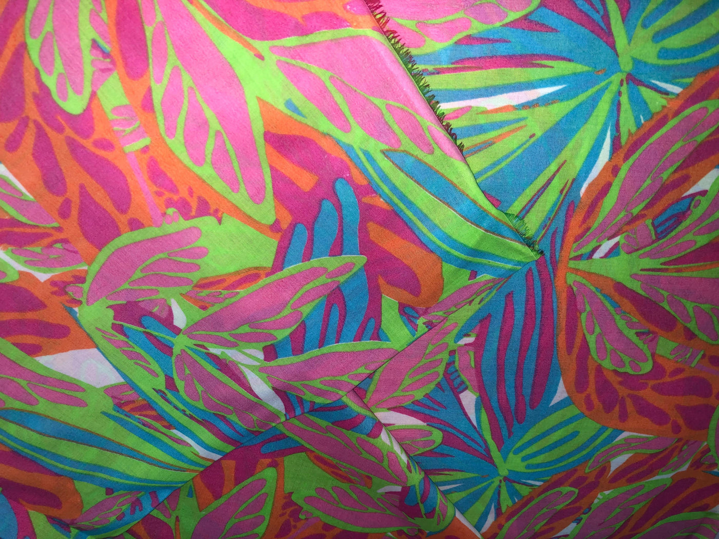 100% Cotton Poplin abstract leaves Print 44" wide in neon colors green ,pink ,orange and blue [17277]