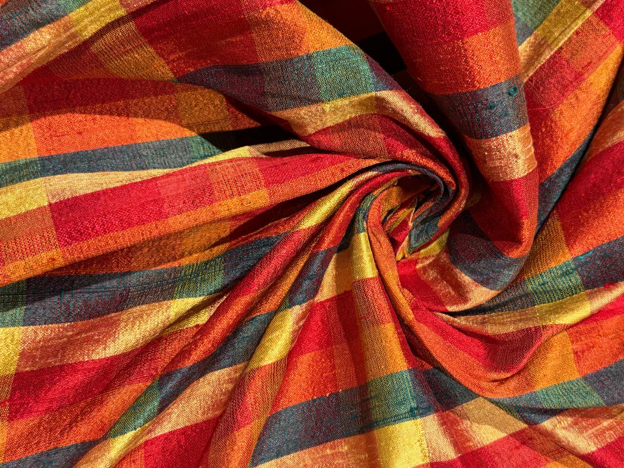 100% silk dupion  Plaids fabric with slubs shades of  green ,red ,burnt orange and gold 54" wide DUPNEWC29[2]