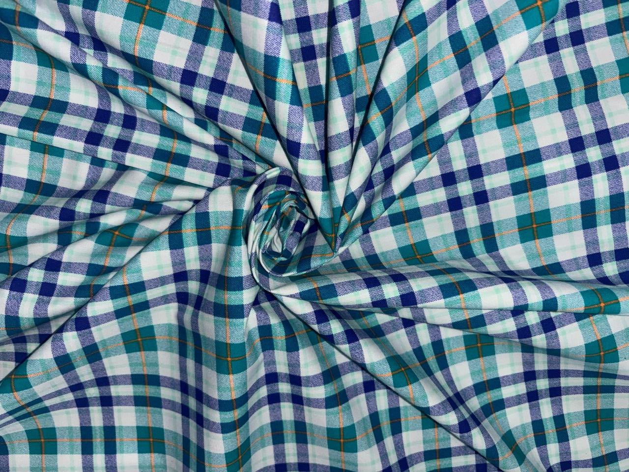 100% Cotton POPLIN  PLAIDS shades of white,teal,green,purple and mustard 58" [17213]
