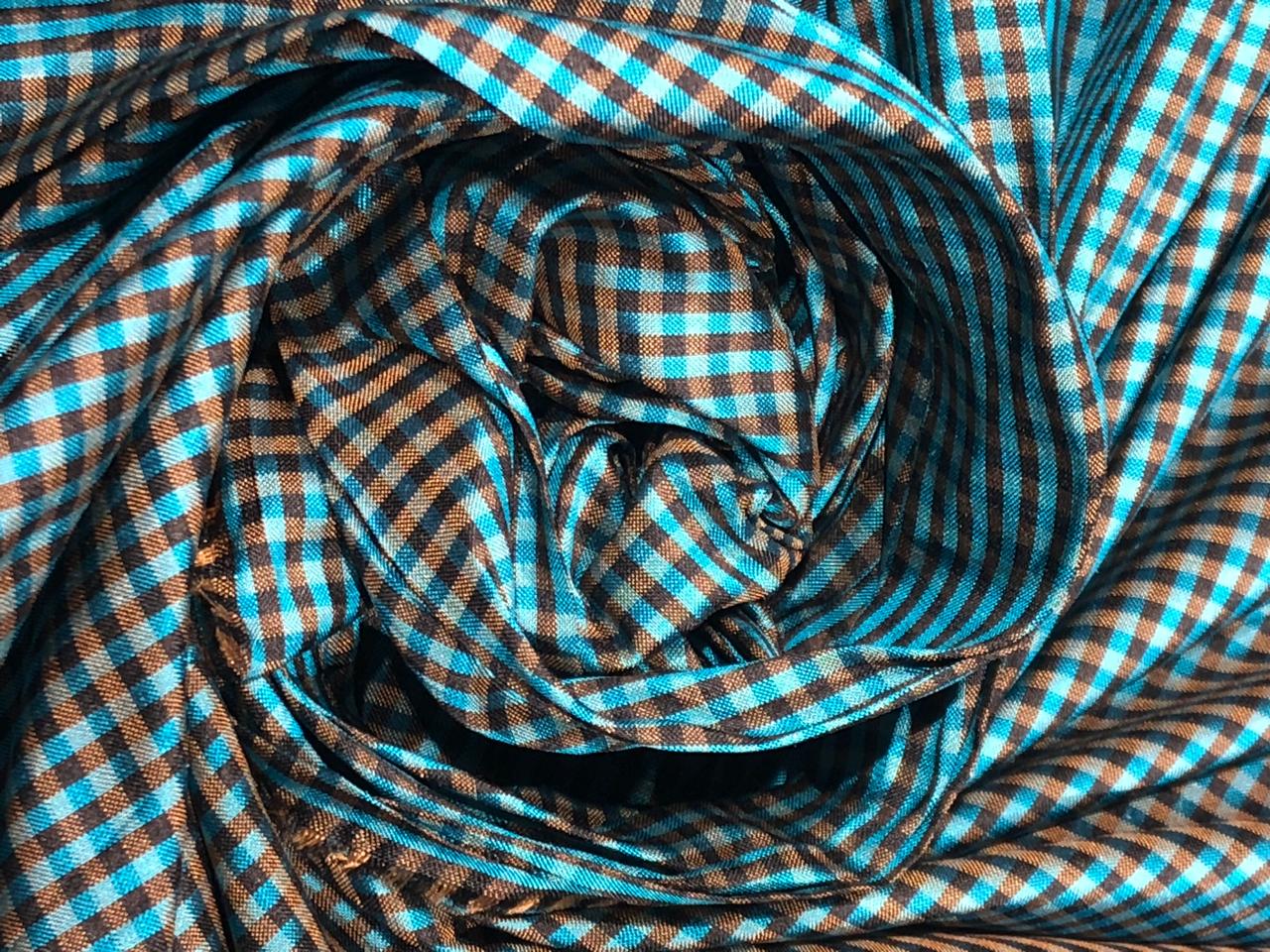 100% silk dupion  Plaids fabric teal blue and mustard gold  DUPNEWC30[2]