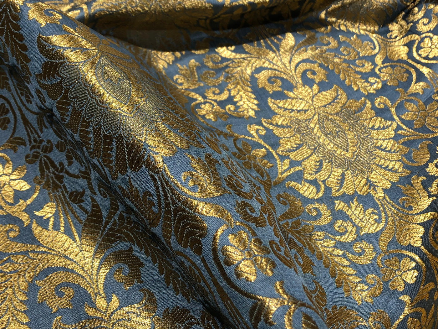 Silk Brocade fabric slate blue with metallic gold   jacquard  BRO1024[4]