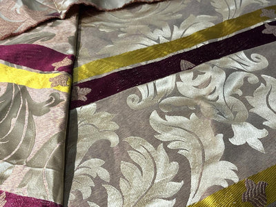 100% Silk Taffeta Jacquard Fabric  REVERSABLE one side floral gold  with yellow gold and wine stripes and other side floral gold with hints of wine TAFJACNEW18