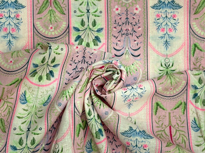 Linen 70% ,Cotton 30% print pink and white floral stripes 56" wide [18432]
