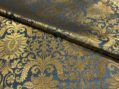 Silk Brocade fabric slate blue with metallic gold   jacquard  BRO1024[4]