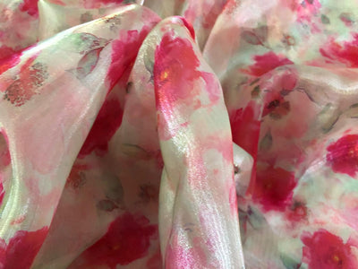 Shimmer Organza  fabric, Gleam sheer fabric Digital Print 54" wide available in 3 prints ivory with a spray of pink roses/cream with blue ,pink orange flowers and bright yellow with pink and blue flowers