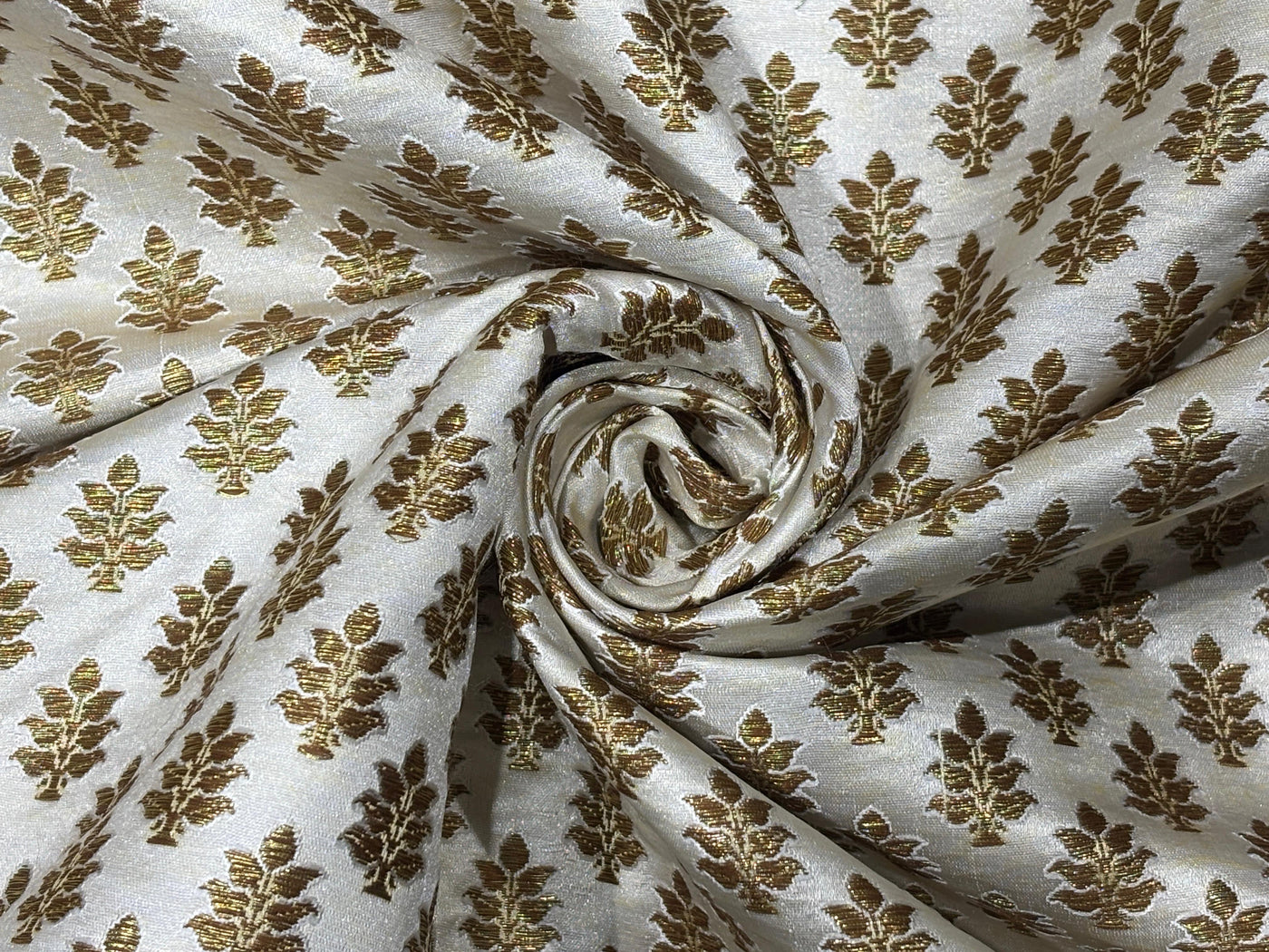 Silk Brocade fabric 44" dark ivory with antique gold jacquard motifs available in 2 designs leaf and paisley BRO1053