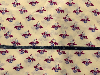 Pure silk  crepe printed fabric cream with tiny lavender burgundy floral motifs 54"[18262]
