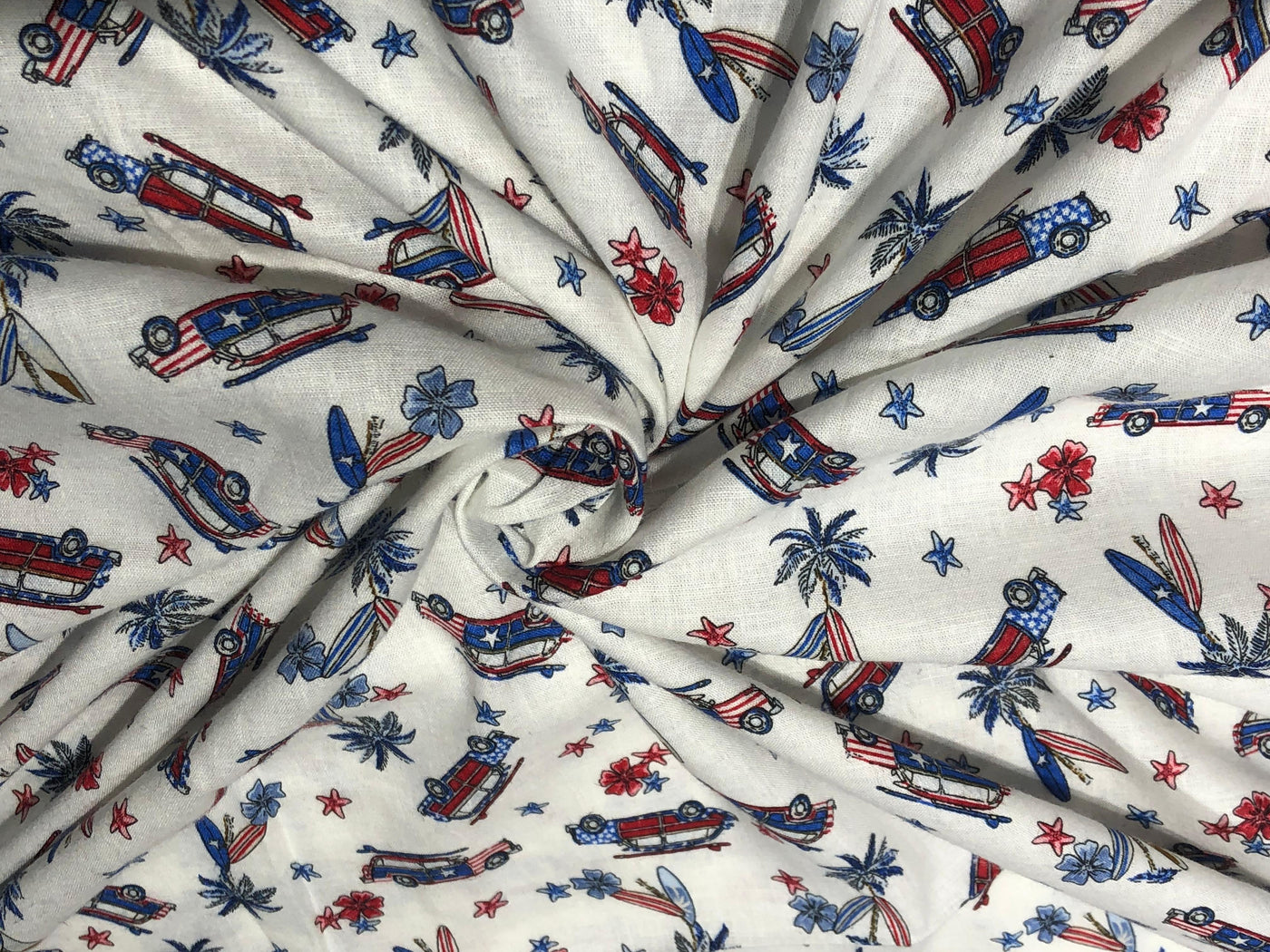 100% Cotton Linen  56" wide resort wear palm, surf board ,car  print [17289]