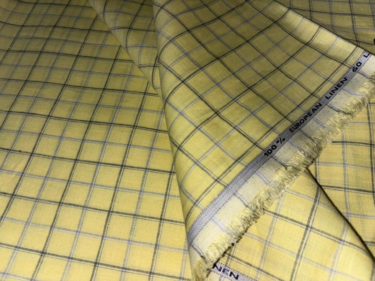 100% Linen stripe 60's Lea Fabric 58" wide lemon yellow and blue plaids[17192]