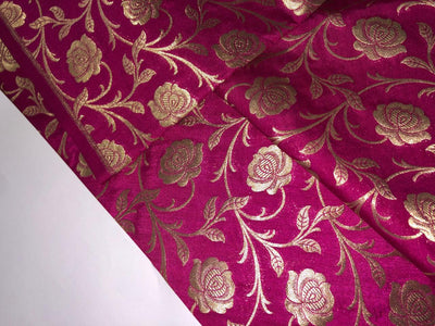 Silk Brocade fabric 44" wide Magenta pink floral Jacquard with metallic gold BRO937[3]