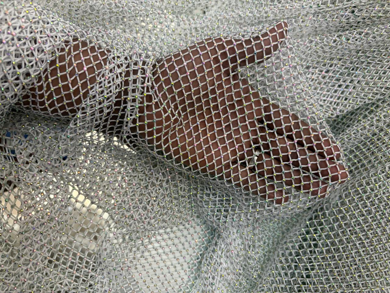Rhinestone Mesh, Stretchable Fabric Crystal Diamond Stretch Crystal Fishnet Sheets available in 2 colors pink and white [18428/29]