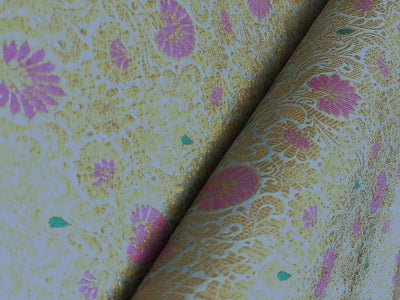 Silk Brocade fabric all over gold jacquard vines with floral motifs in 2 different colors lilac with rusty red and sea blue with pink BRO1098[1/2]