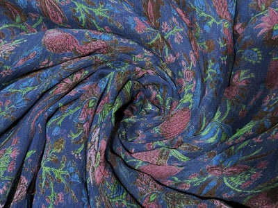 Silk chiffon printed  fabric deep ink blue  Color with red and green floral Print 44" wide [17793]