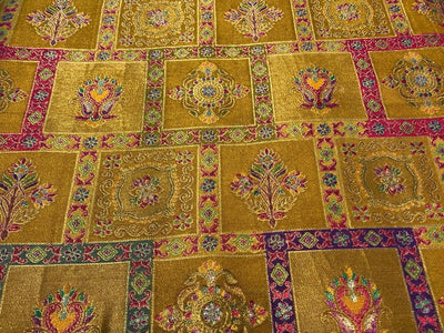Silk Brocade fabric mustard gold with squares of floral  motifs BRO1090[2]