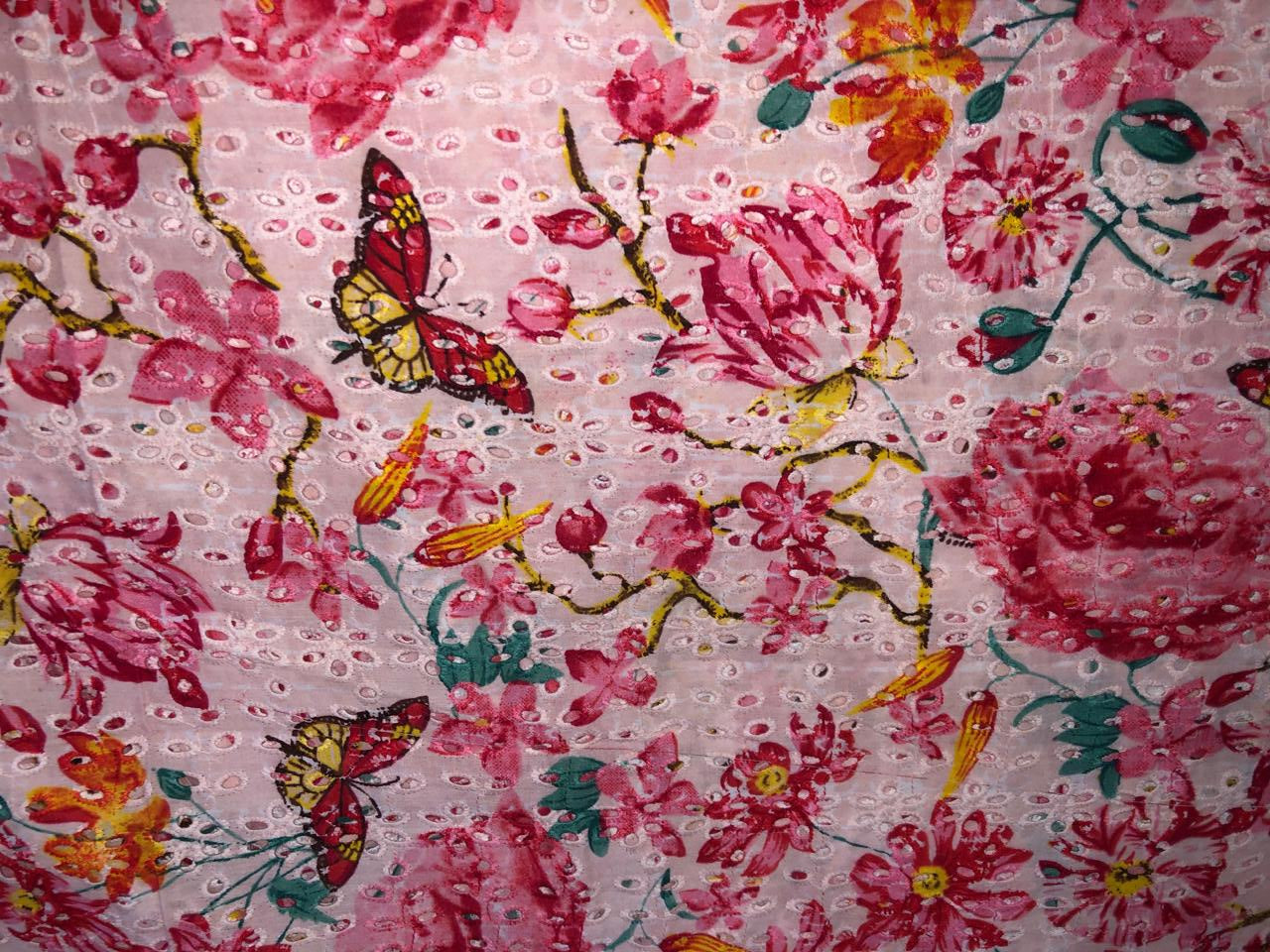 100% Cotton white with pink floral printed and hakoba embroidered fabric  58 inches wide 147 cms. [17304]