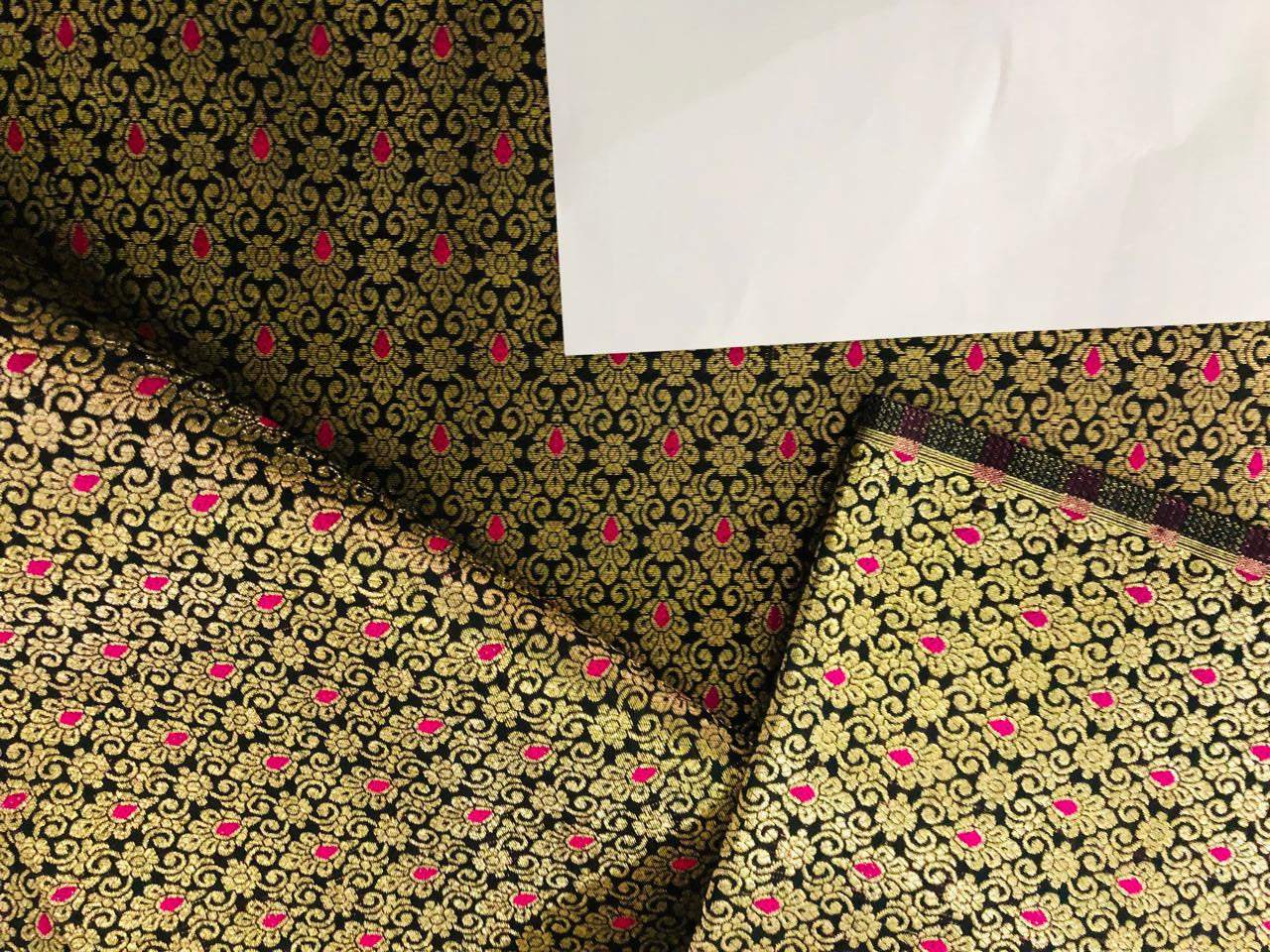 Silk Brocade fabric with metallic gold jacquard 44" wide available in 3 colors green , red and black BRO945