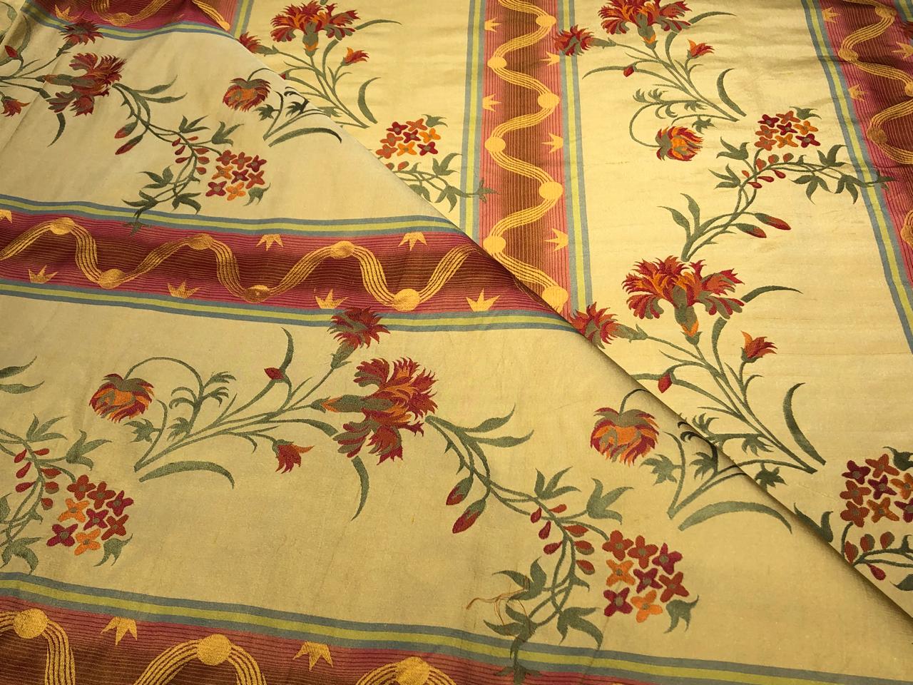 100% Silk Taffeta Jacquard Fabric golden brown  with red orange floral jacquard and stripes  54" wide TAFJACNEW24