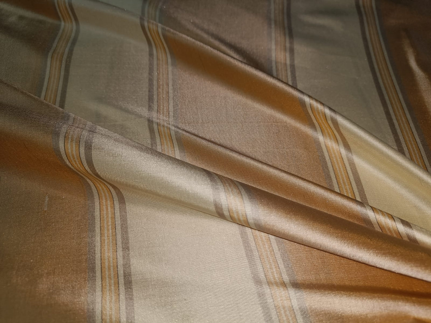 100% Silk Taffeta Fabric Gold,Cafe Creme & Golden Cream stripes color 54"wide TAF#S99
