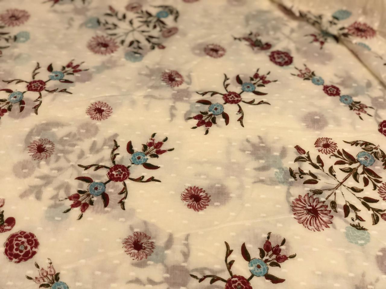 100% cotton mull fabric ivory dobby and floral motifs [18690]