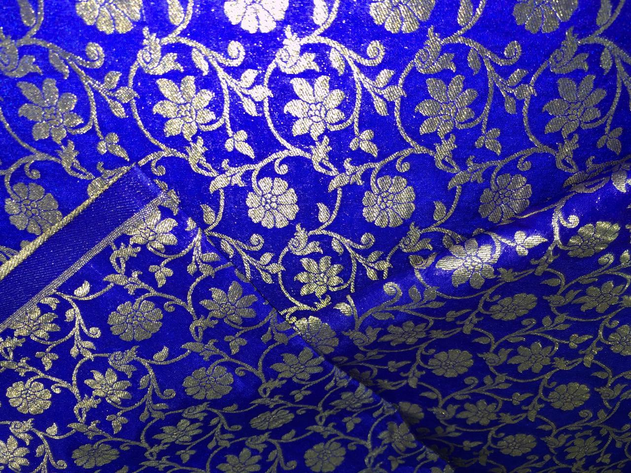 Silk Brocade fabric 44"all over floral vines in subtle metallic gold  jacquard available in 2 colors royal blue  and green BRO1041 (3/4)