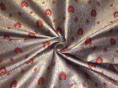 Silk Brocade fabric all over gold jacquard vines with floral motifs in 2 different colors lilac with rusty red and sea blue with pink BRO1098[1/2]