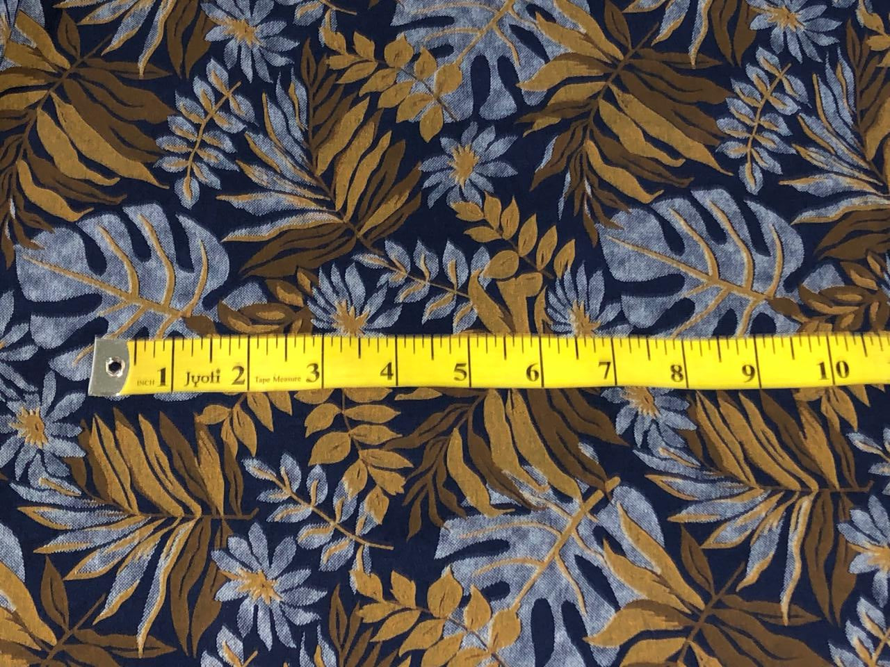 100% Cotton Denim  Fabric 58" wide JUNGLE LEAVES BLUE AND BROWN [16513]