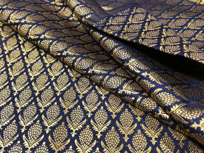 Silk Brocade fabric 44"navy with gold  jacquard motifs BRO1058[4]