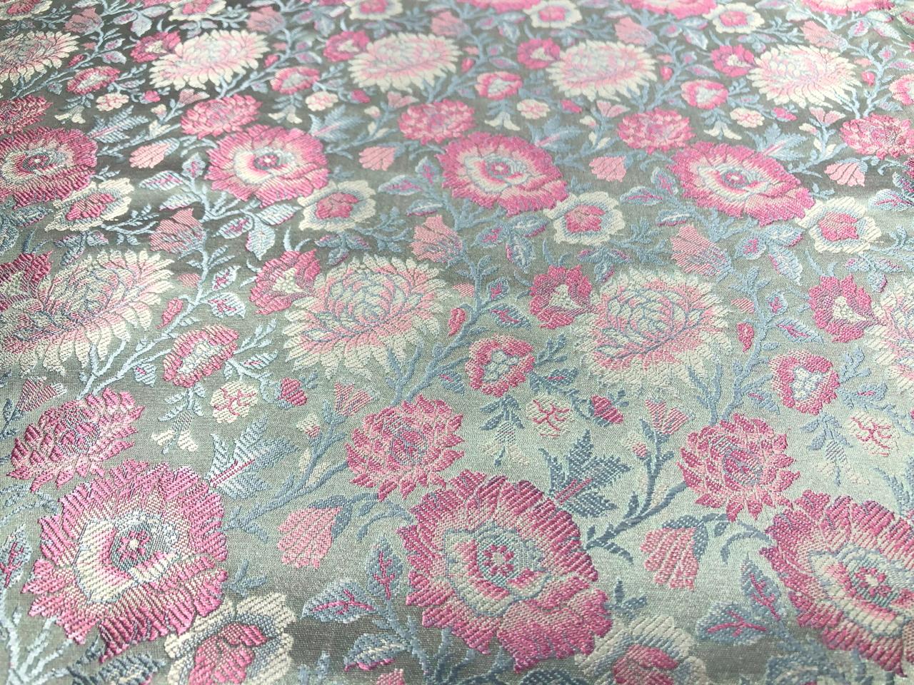 Silk Brocade fabric 44"  green sheen, silver ,blue and pink floral  jacquard BRO1050[1]