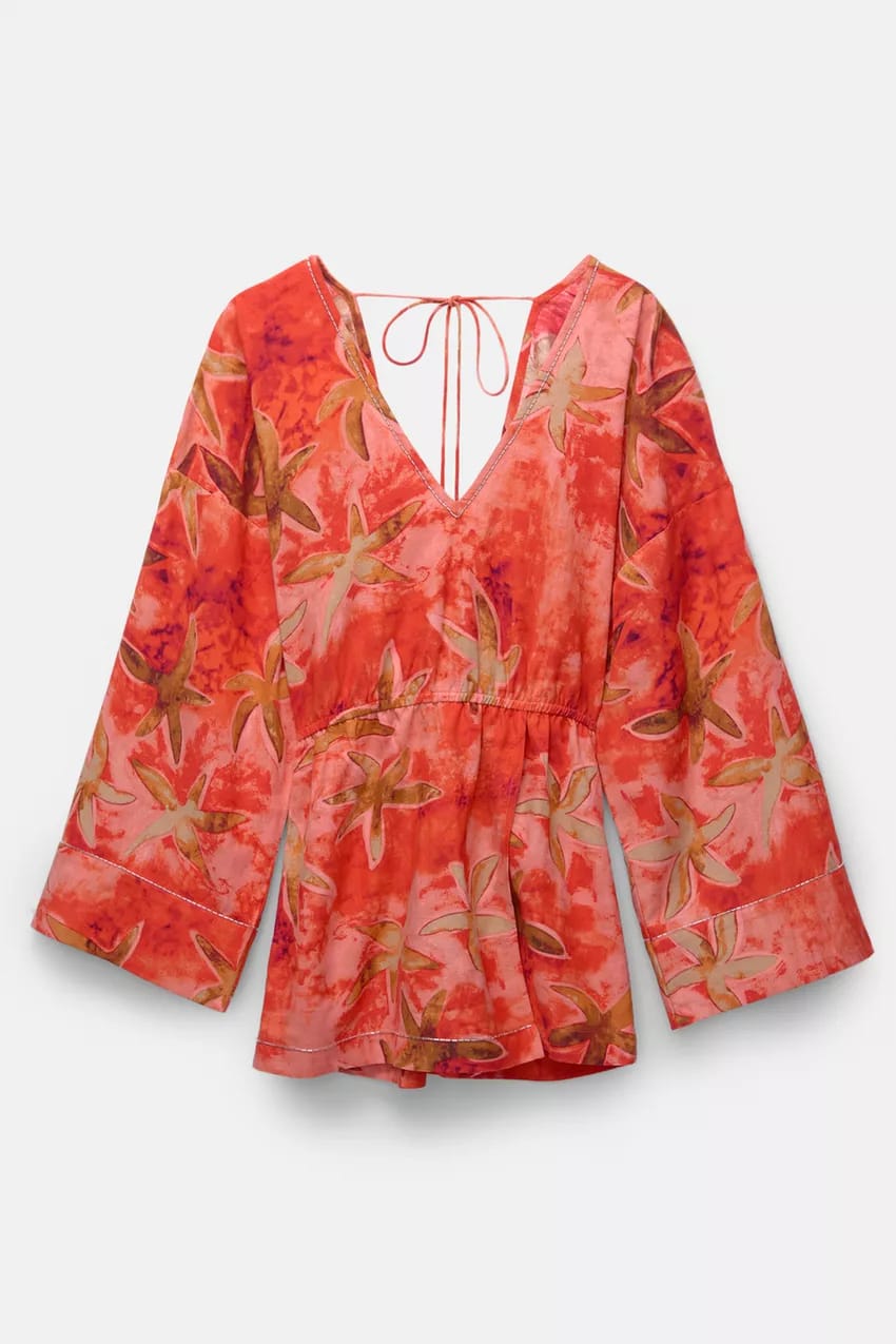 Linen Print red with star fish  vacation/beach print 58" wide [18279]