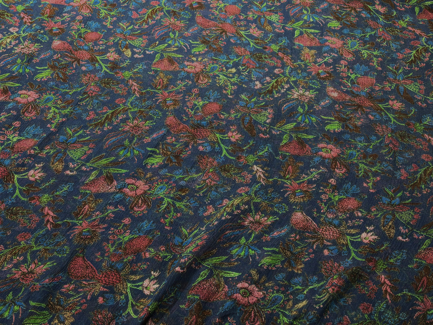 Silk chiffon printed  fabric deep ink blue  Color with red and green floral Print 44" wide [17793]