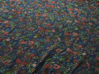 Silk chiffon printed  fabric deep ink blue  Color with red and green floral Print 44" wide [17793]