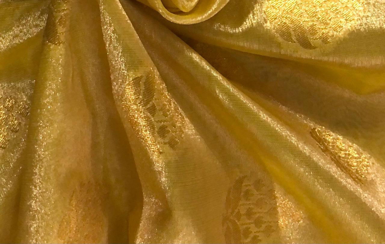 Silk Brocade TISSUE available in 3 colors and designs 44" wide BRO958 purple x gold, sea green and gold self leaf motifs