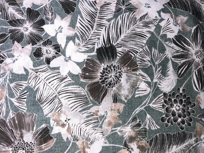 100% linen  digital print fabric 44" wide available in 4 PRINTS CREAM ABSTRACT WITH SEA GREENS,GREENY GREY FLORAL,ELEPHANT AND BLACK AND CREAMK FLORAL