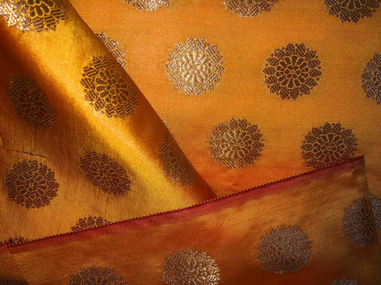 Silk Brocade fabric with Metallic gold motif Jacquard  44" wide available in 3 colors mango , midnight blue and grey