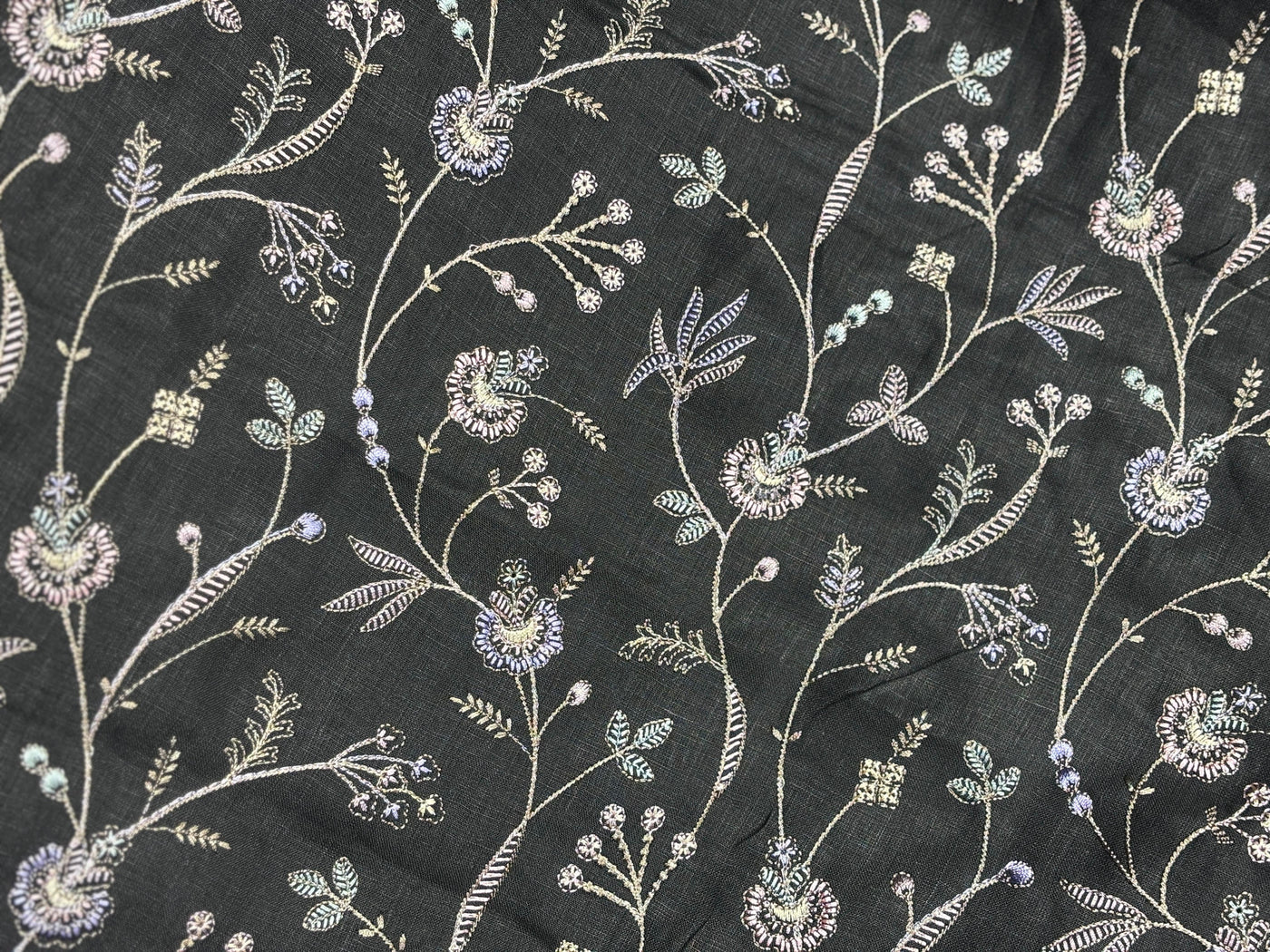 100% Linen Embroidery  black with lilac and pink floral embroidery [17271]