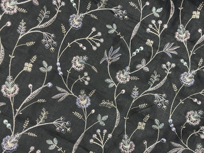 100% Linen Embroidery  black with lilac and pink floral embroidery [17271]